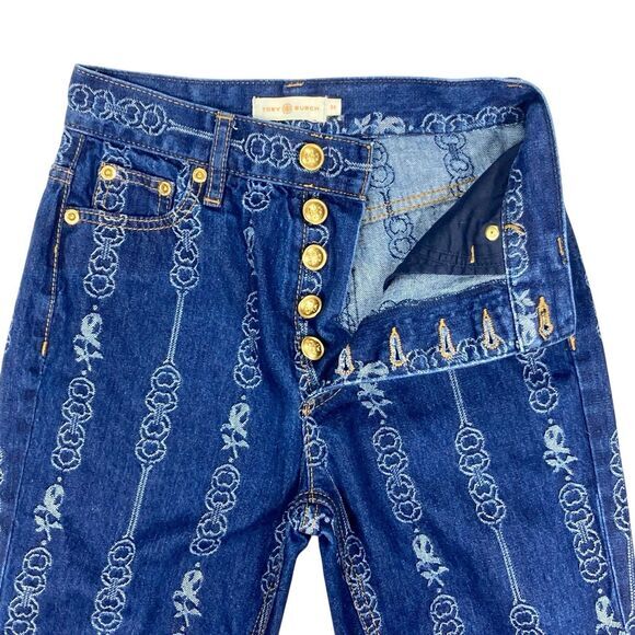 Tory Burch Jeans Womens 24 Blue Gemini Link Bloom Jacquard Rockabilly Denim Pant - Picture 4 of 16